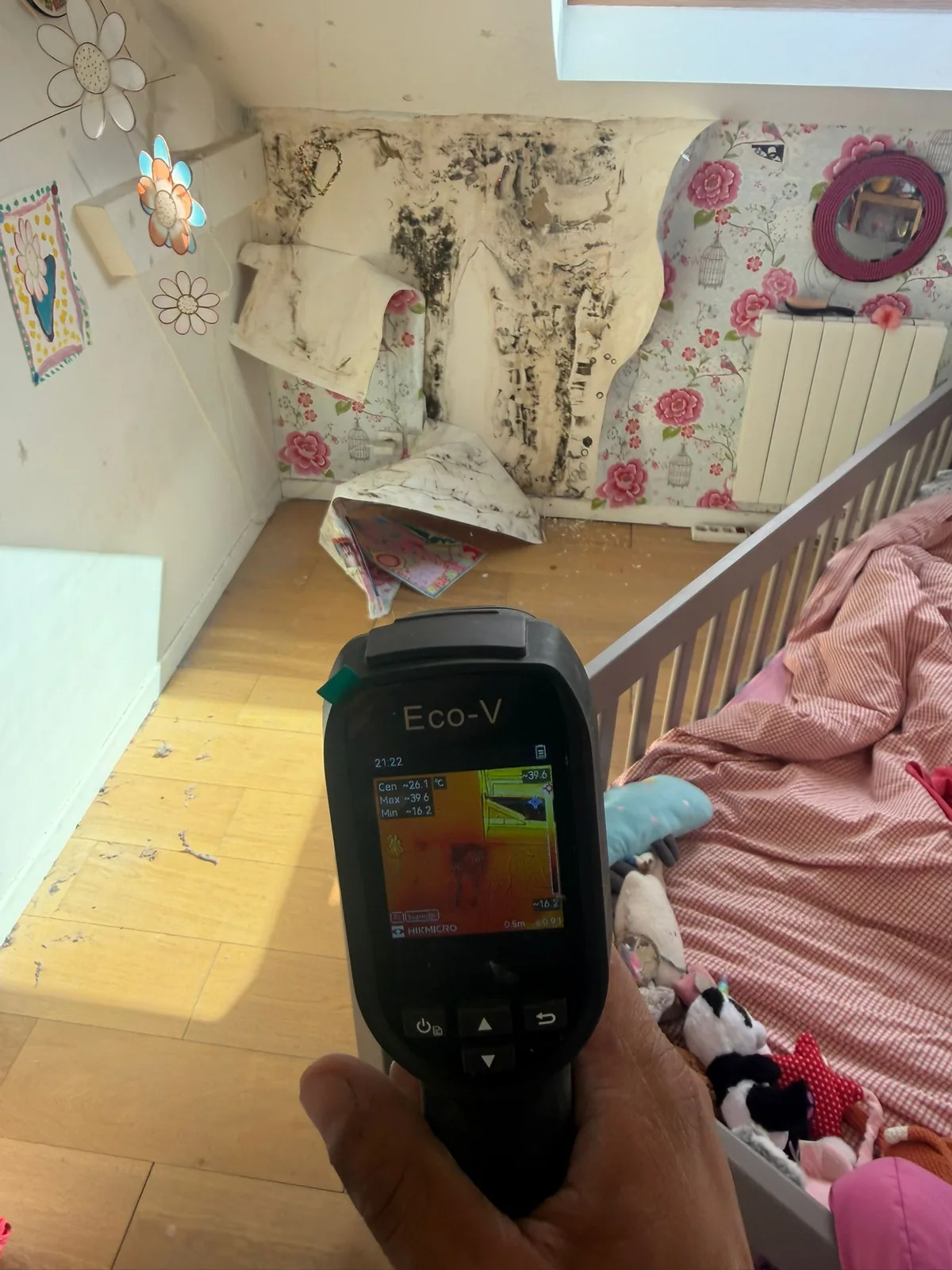Dégât des eaux dans une chambre : moisissures sur le mur et contrôle thermique en cours