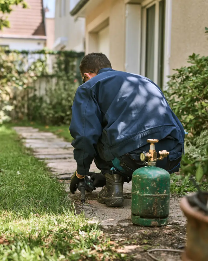 Technicien localisant une fuite enterrée au gaz traceur devant un pavillon, recherche de fuite à Alfortville