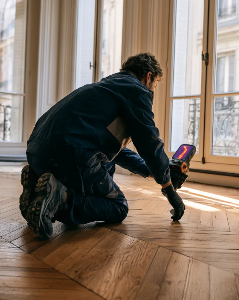 Technicien scannant un parquet à la caméra thermique, recherche de fuite aux Pavillons-sous-Bois