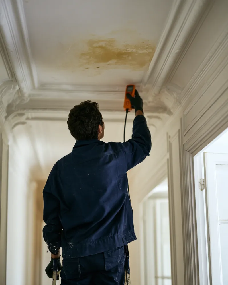 Technicien mesurant l'humidité d'un plafond taché dans une copropriété, recherche de fuite à Sucy-en-Brie