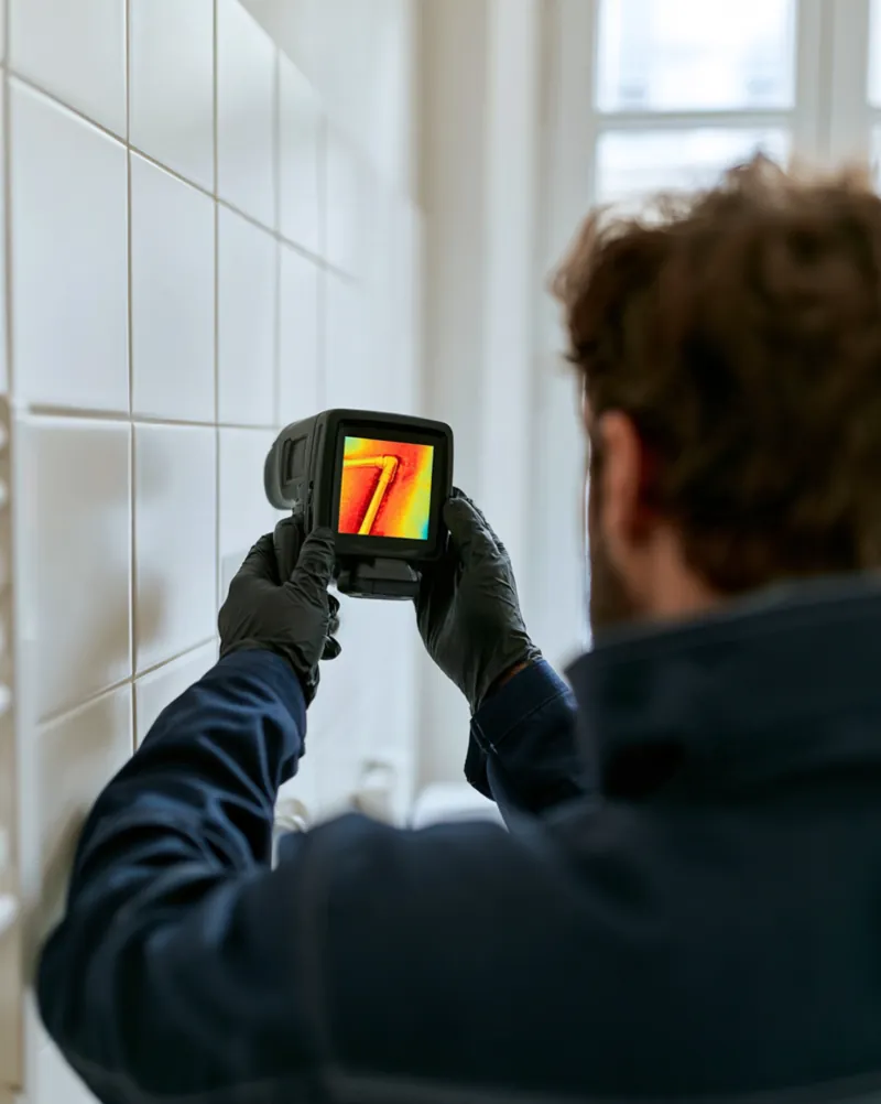 Technicien de dos utilisant une caméra thermique sur un mur carrelé de salle de bain