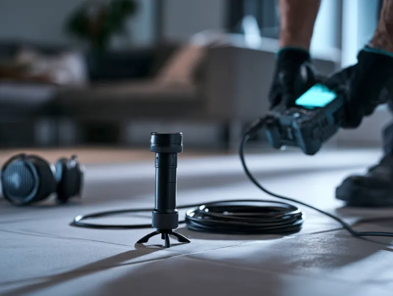 Micro de sol acoustique posé sur un carrelage, relié à son amplificateur