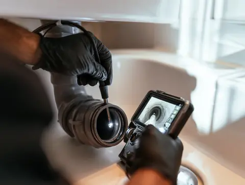 Caméra d'inspection introduite dans une évacuation sous un lavabo