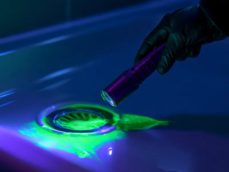 Fluorescéine verte révélée par une lampe UV autour d'une bonde de douche