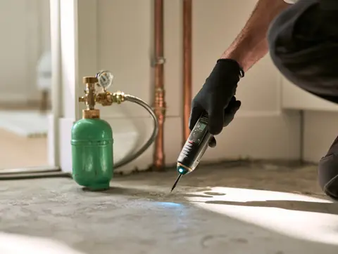 Bouteille de gaz traceur et détecteur au ras d'une dalle béton