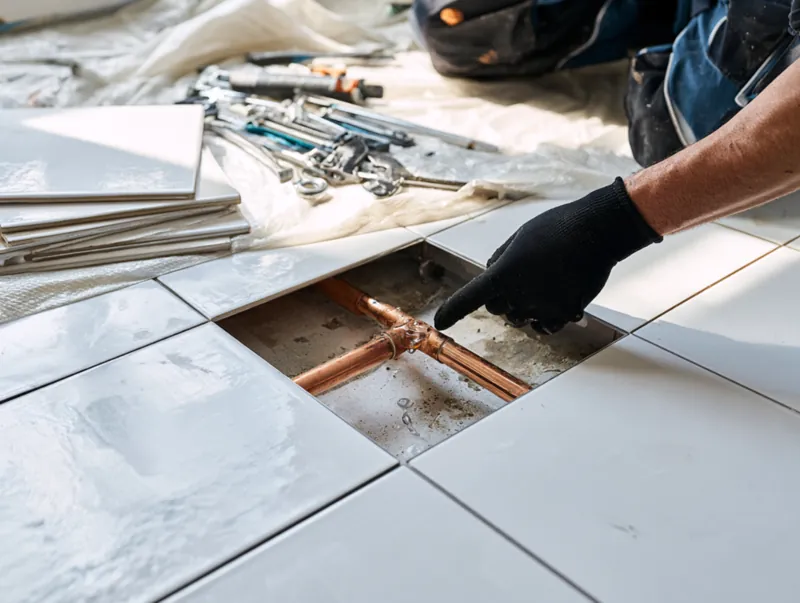 Ouverture nette de quelques carreaux révélant un raccord cuivre
